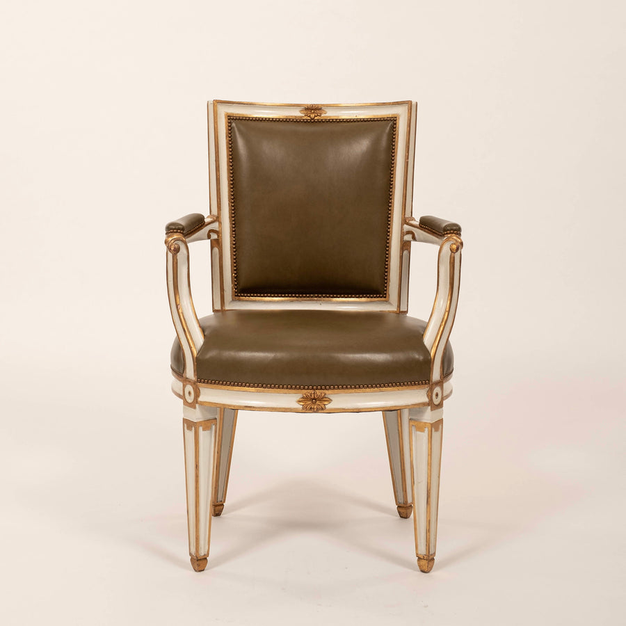 Pair 20th Century Louis XVI Style Painted Gilt Armchairs