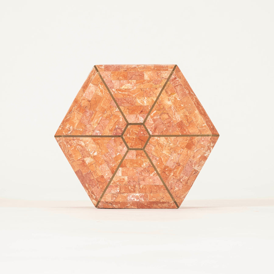 Maitland Smith Tessellated Marble & Brass Inlay Hexagonal Box