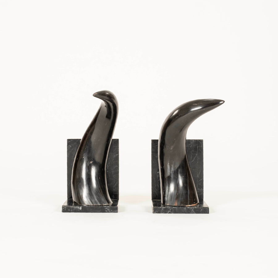 Pair Black Marble and Horn Bookends
