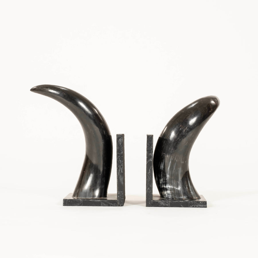 Pair Black Marble and Horn Bookends
