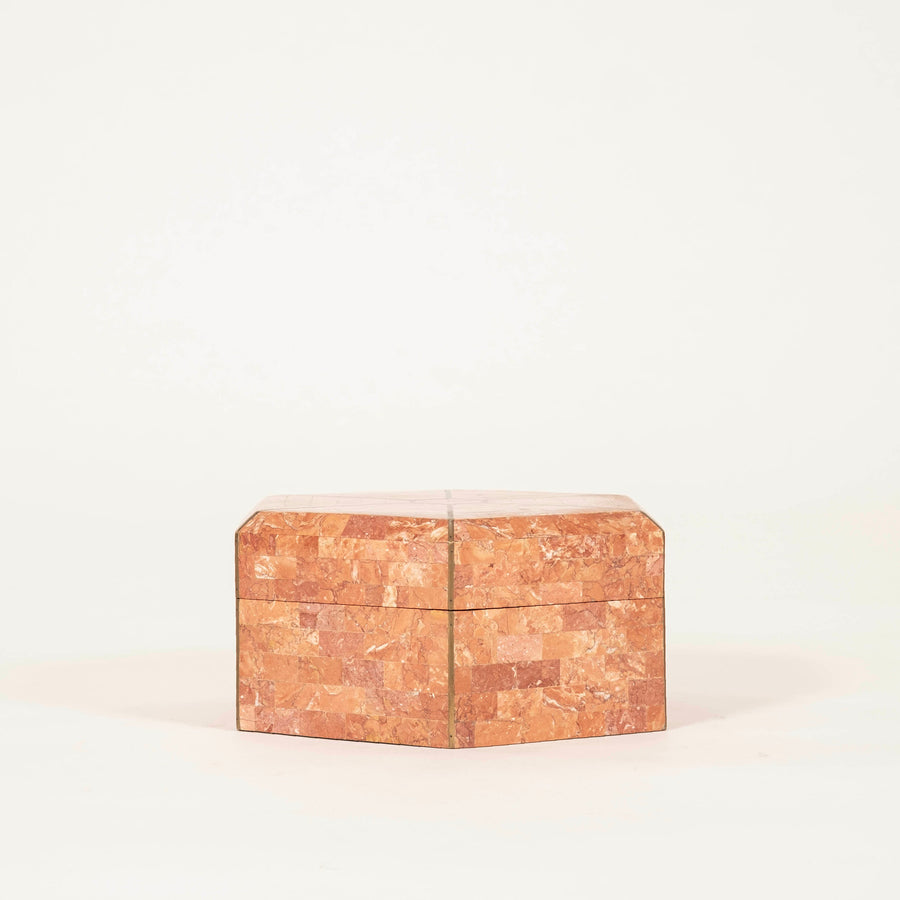 Maitland Smith Tessellated Marble & Brass Inlay Hexagonal Box