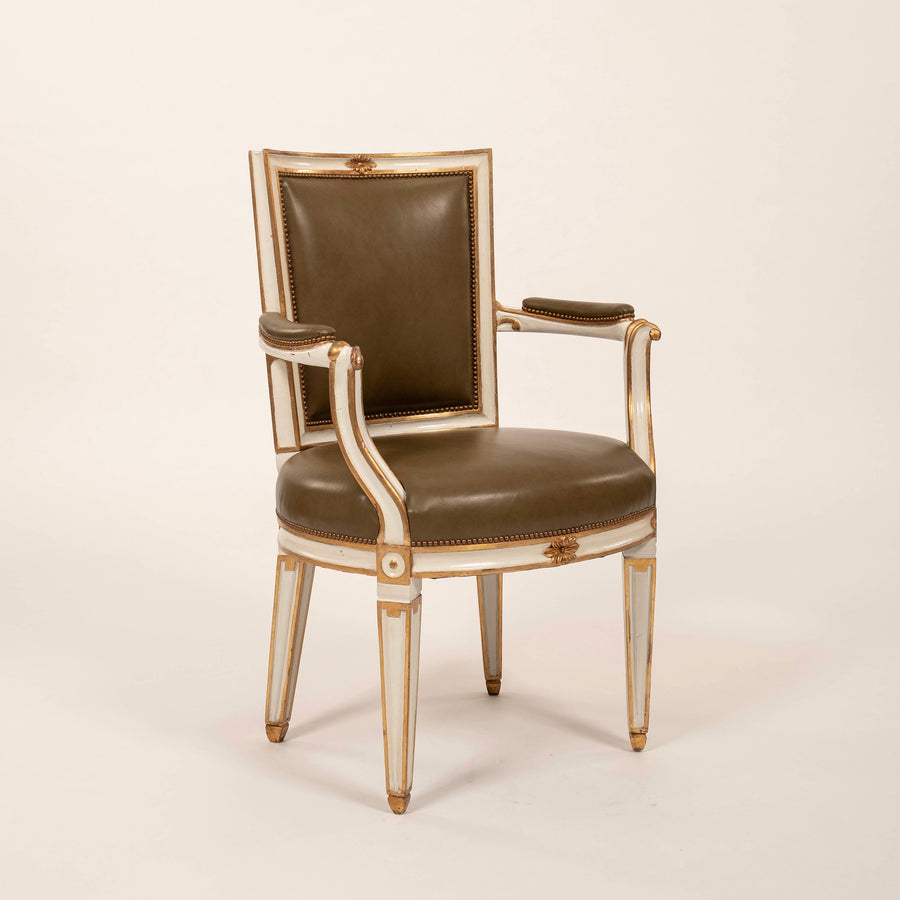 Pair 20th Century Louis XVI Style Painted Gilt Armchairs