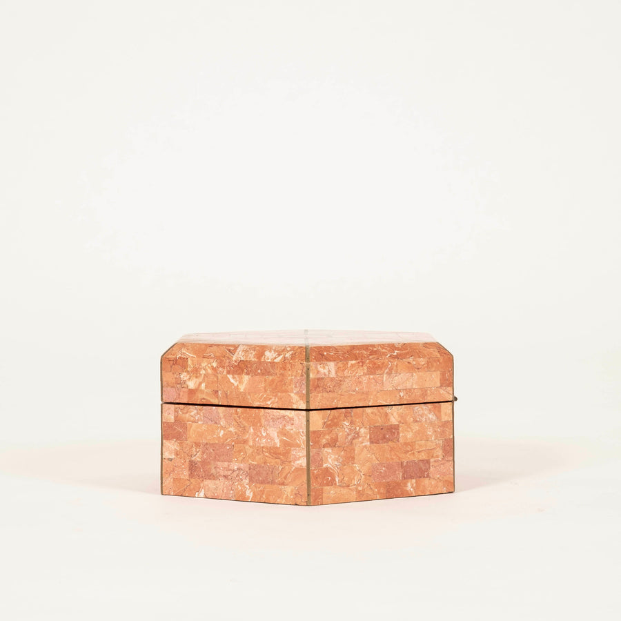 Maitland Smith Tessellated Marble & Brass Inlay Hexagonal Box