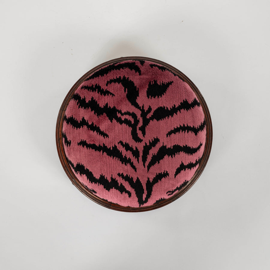 19th Century Scalamandré Red (Hot Pink) Tigre Velvet Round Footstool