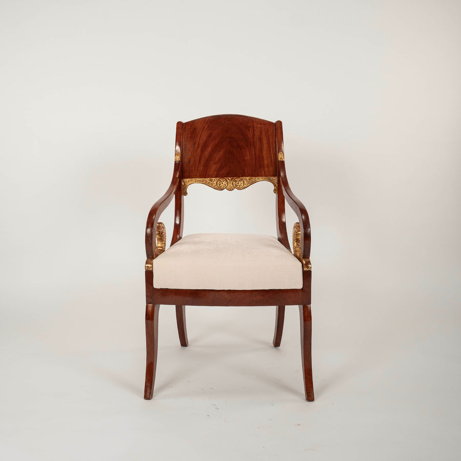 Pair 19th Century Russian Neoclassical Parcel Gilt Mahogany Armchairs