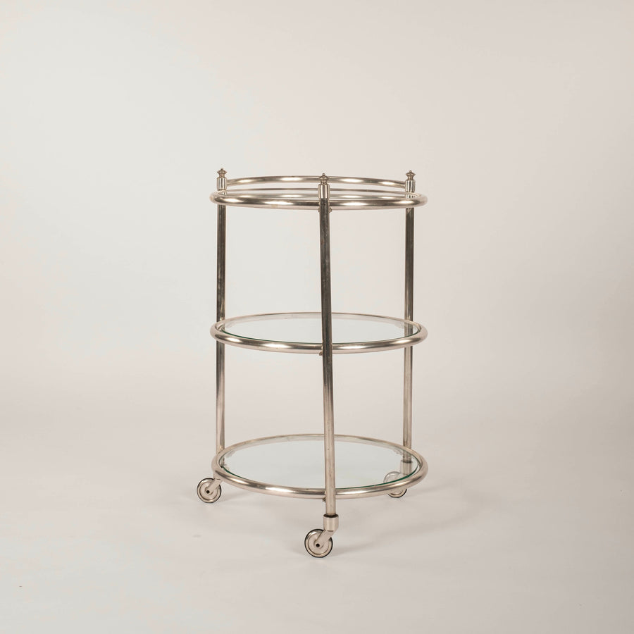 Round Nickeled Bronze and Glass Bar Cart
