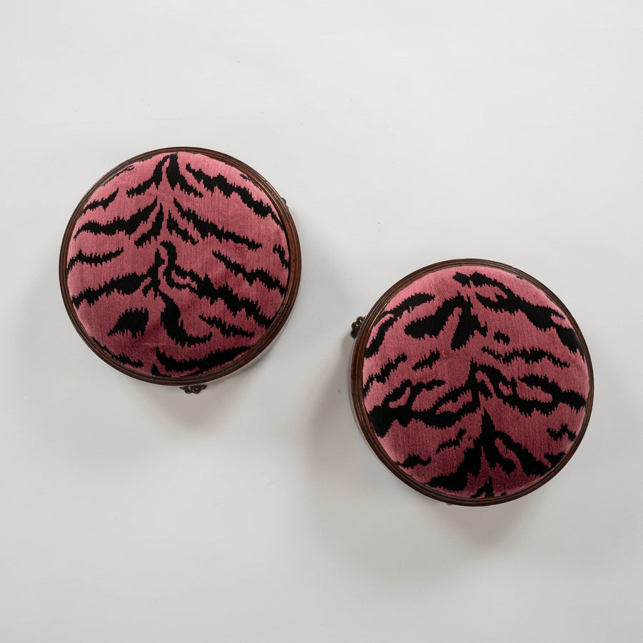 19th Century Scalamandré Red (Hot Pink) Tigre Velvet Round Footstool