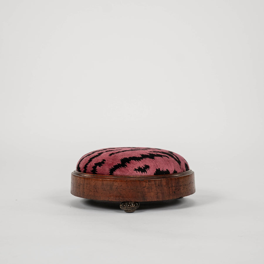 19th Century Scalamandré Red (Hot Pink) Tigre Velvet Round Footstool