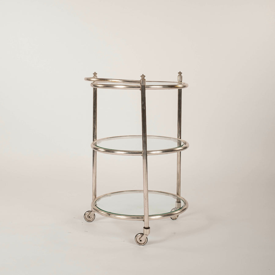 Round Nickeled Bronze and Glass Bar Cart