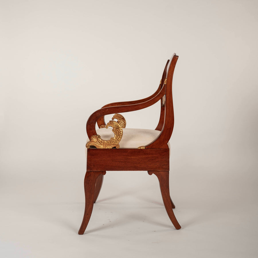 Pair 19th Century Russian Neoclassical Parcel Gilt Mahogany Armchairs