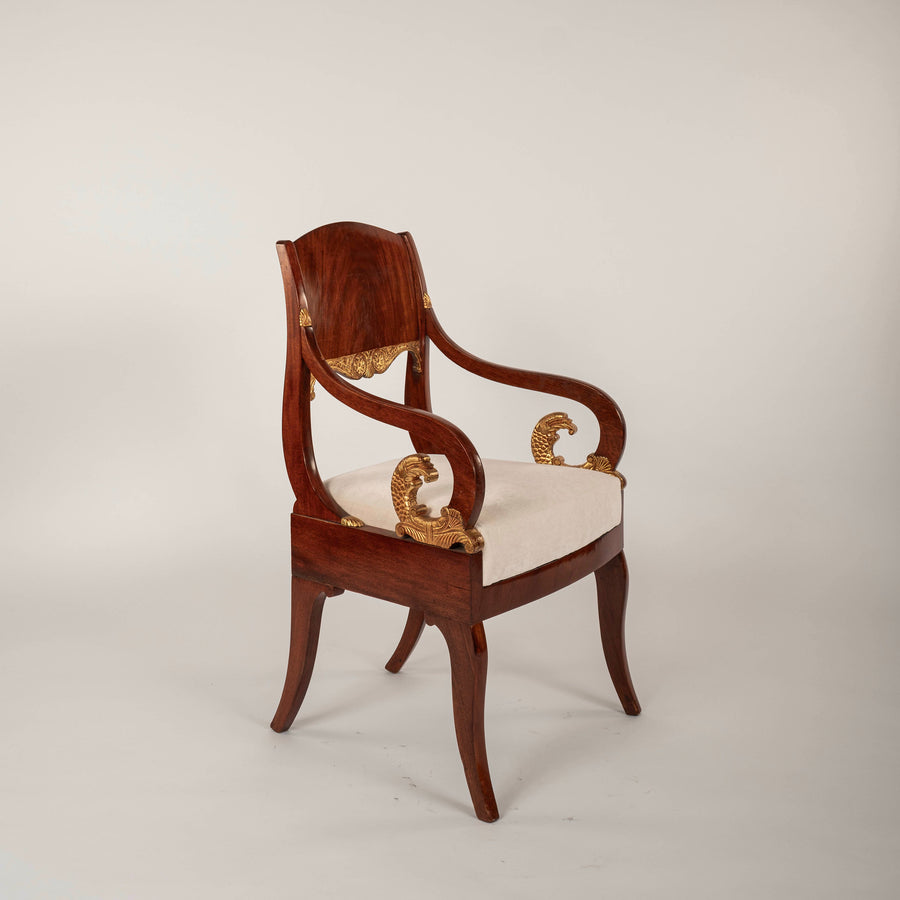 Pair 19th Century Russian Neoclassical Parcel Gilt Mahogany Armchairs
