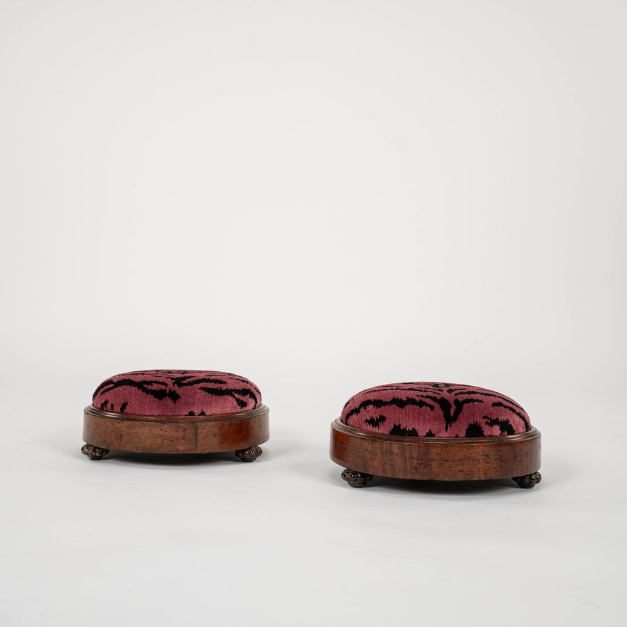 19th Century Scalamandré Red (Hot Pink) Tigre Velvet Round Footstool