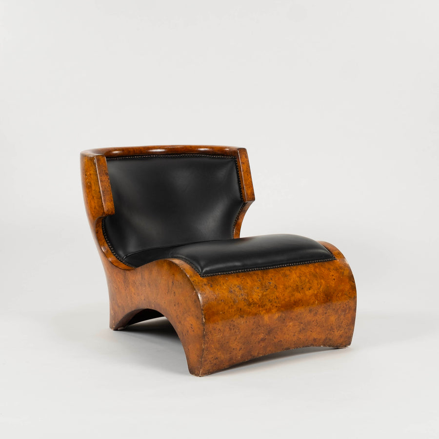 Vintage Art Nouveau Style Thuya Burl Wood & Black Leather Lounge Chair