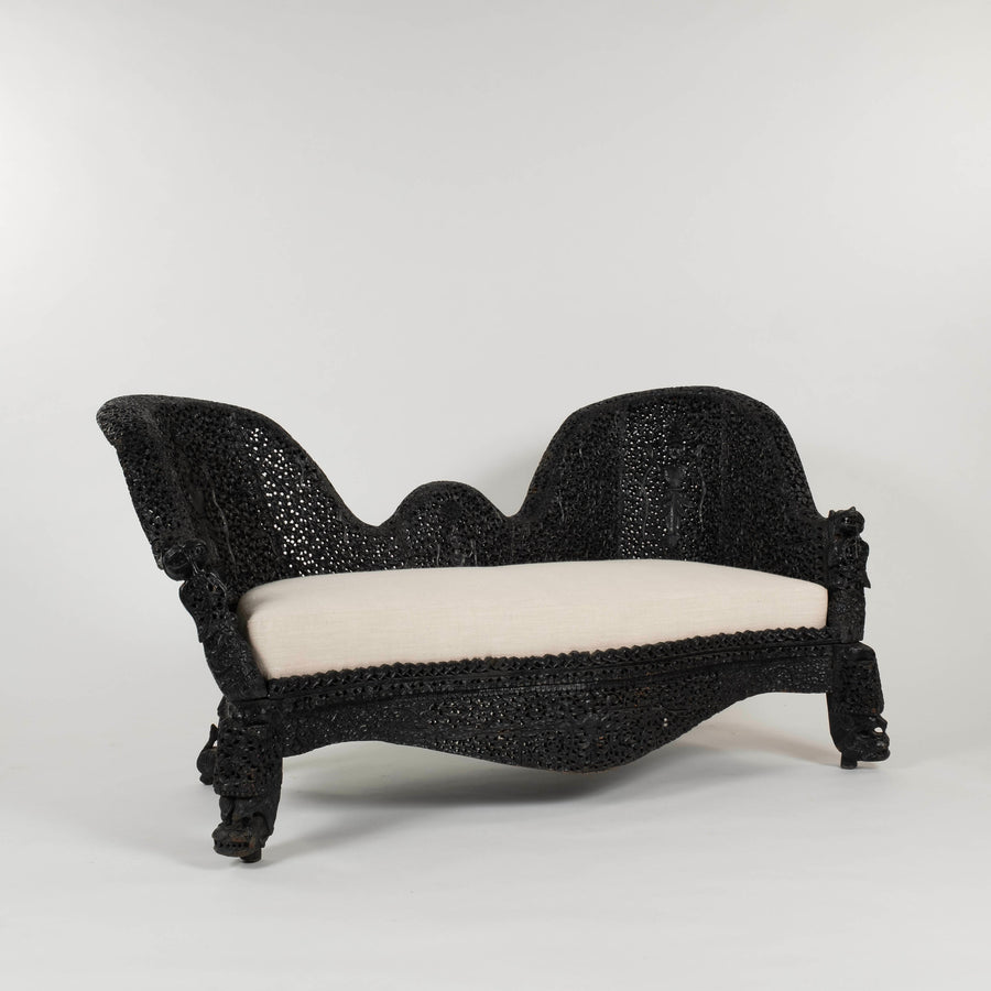 19th Century Anglo-Indian Carved Ebony & Velvet Settee