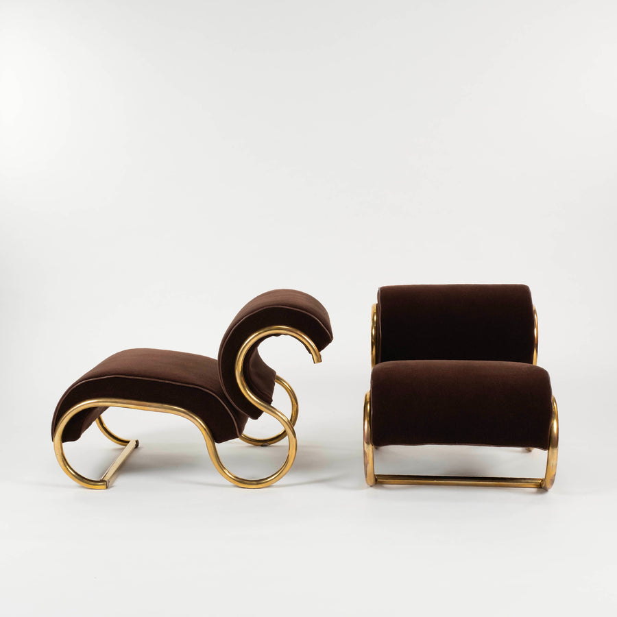 Pair 1970s Guzzini Italian Tubular Brass Lounge Chairs
