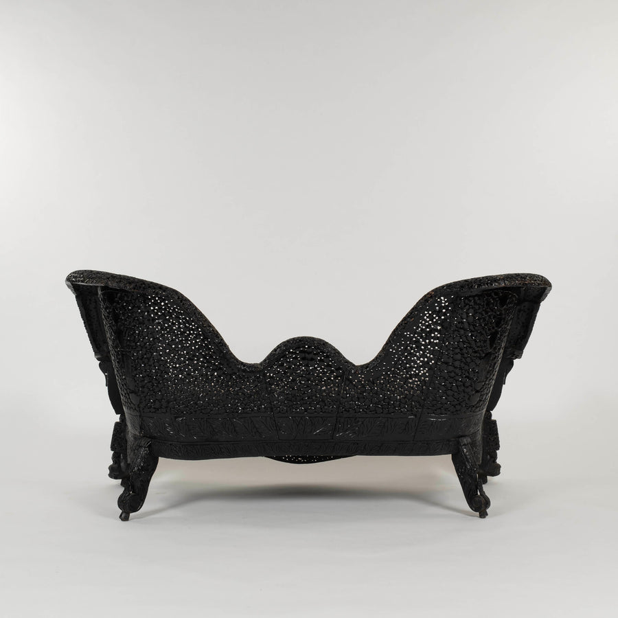 19th Century Anglo-Indian Carved Ebony & Velvet Settee