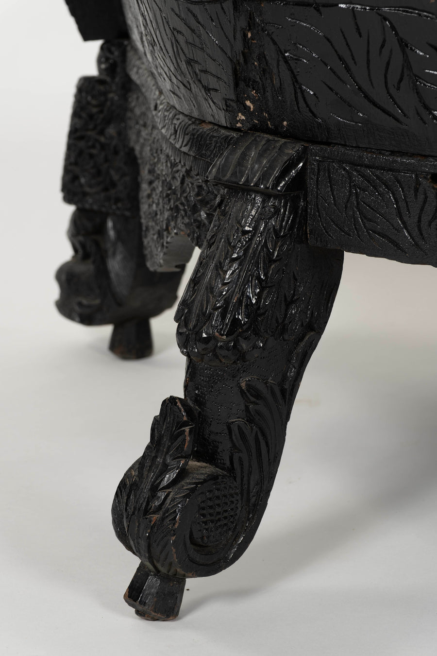 19th Century Anglo-Indian Carved Ebony & Velvet Settee