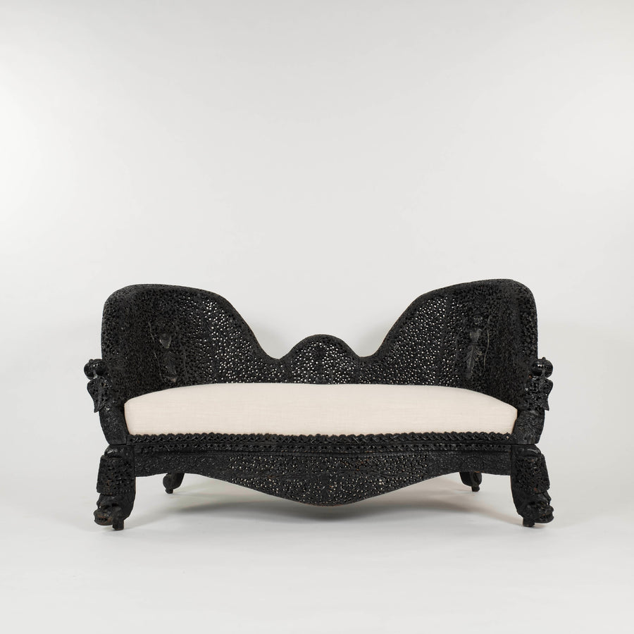 19th Century Anglo-Indian Carved Ebony & Velvet Settee