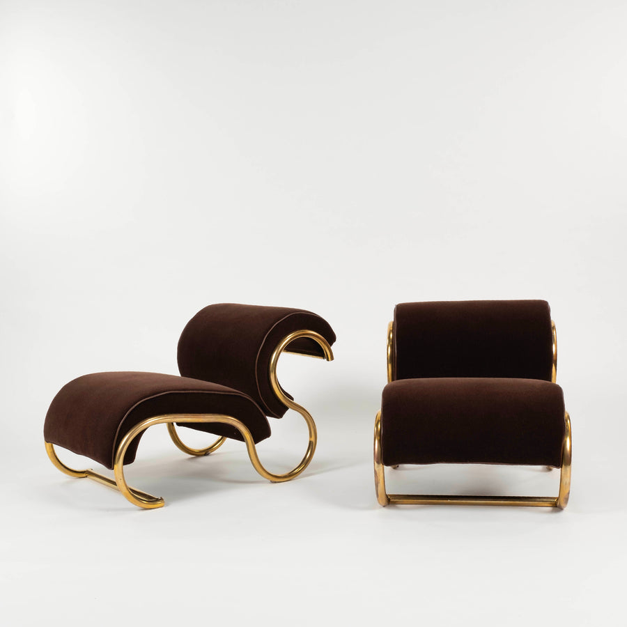 Pair 1970s Guzzini Italian Tubular Brass Lounge Chairs