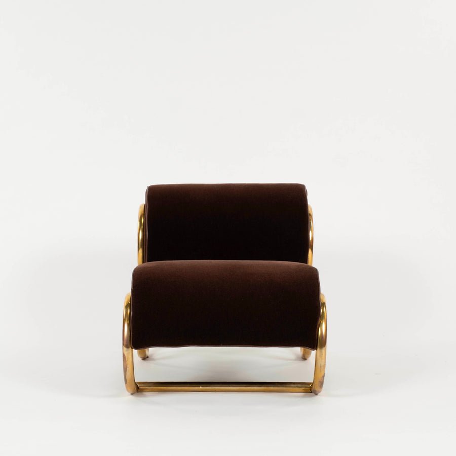 Pair 1970s Guzzini Italian Tubular Brass Lounge Chairs