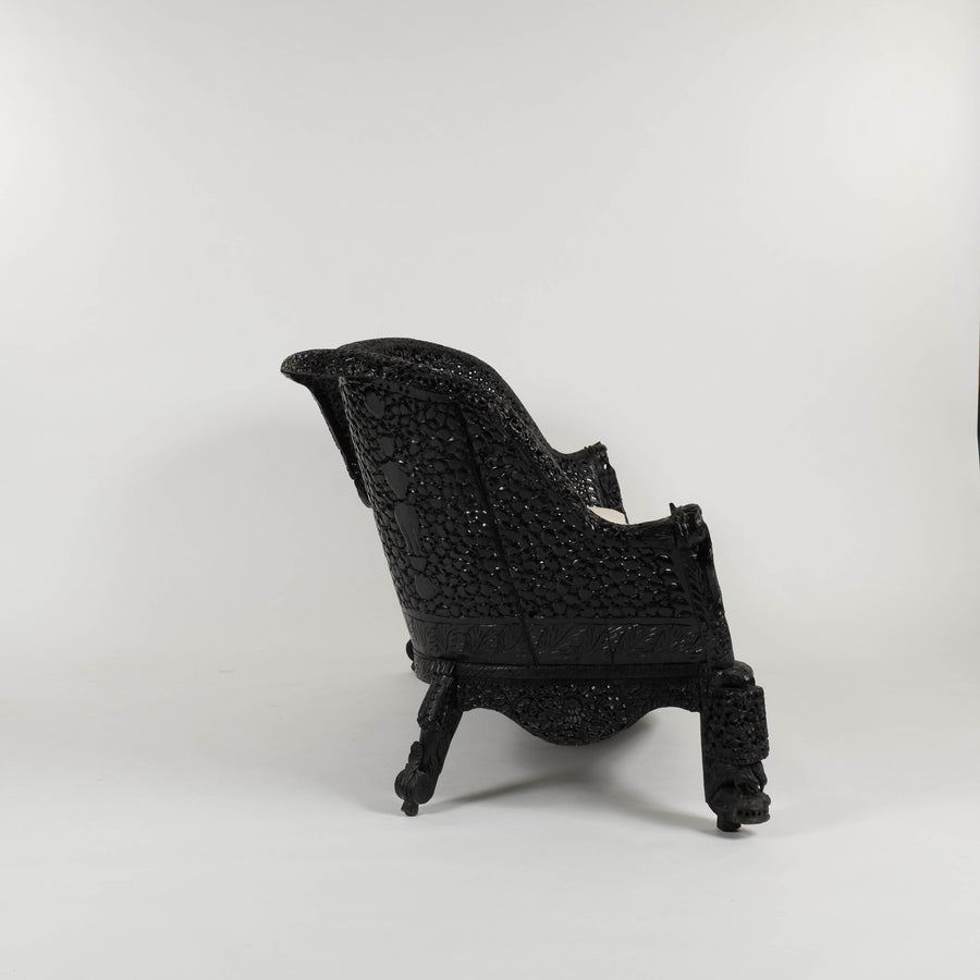 19th Century Anglo-Indian Carved Ebony & Velvet Settee