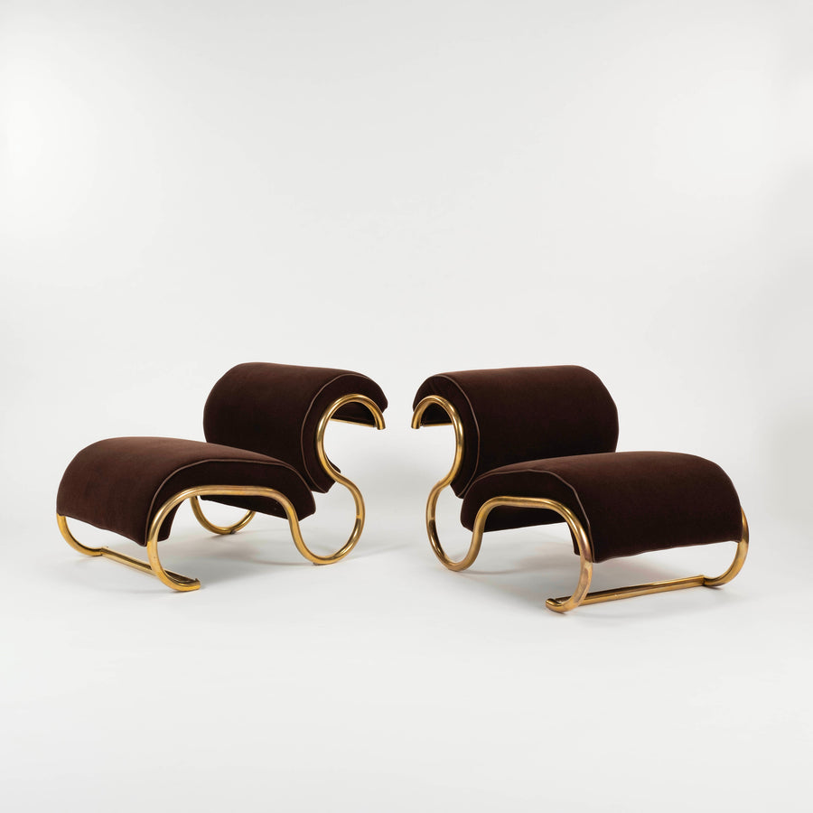Pair 1970s Guzzini Italian Tubular Brass Lounge Chairs