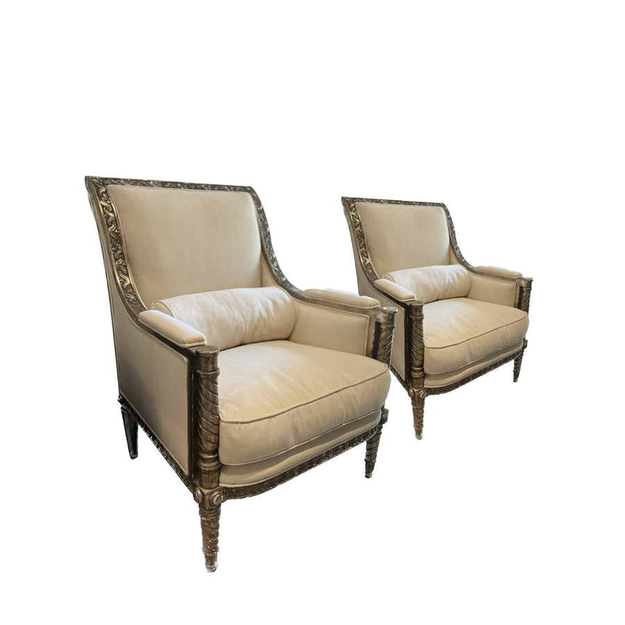 Pair 20th Century Directoire Style Silver Gilt Bergeres