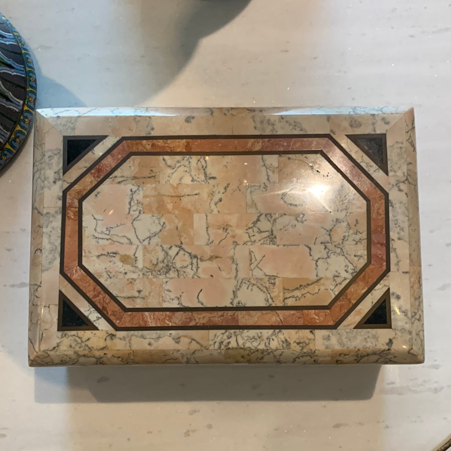 Tessellated Orange Stone and Brass Inlay Box