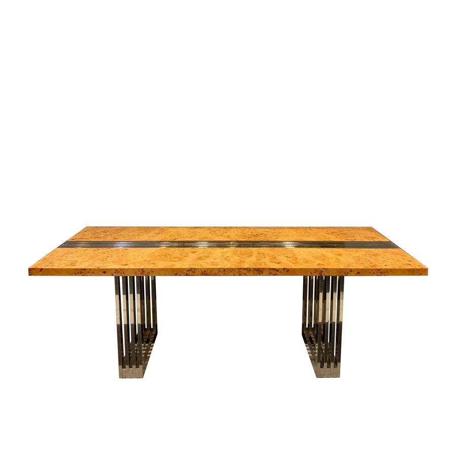 Willy Rizzo Burlwood Chrome Glass Dining Table