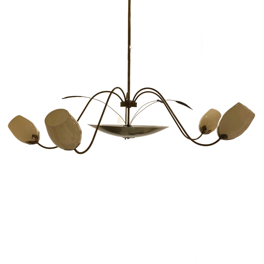 Brass and Glass 5 Arm Chandelier by Paavo Tynell