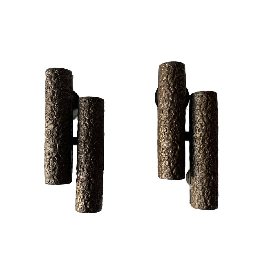 Pair Bronze Double-Tube Brutalist Sconces