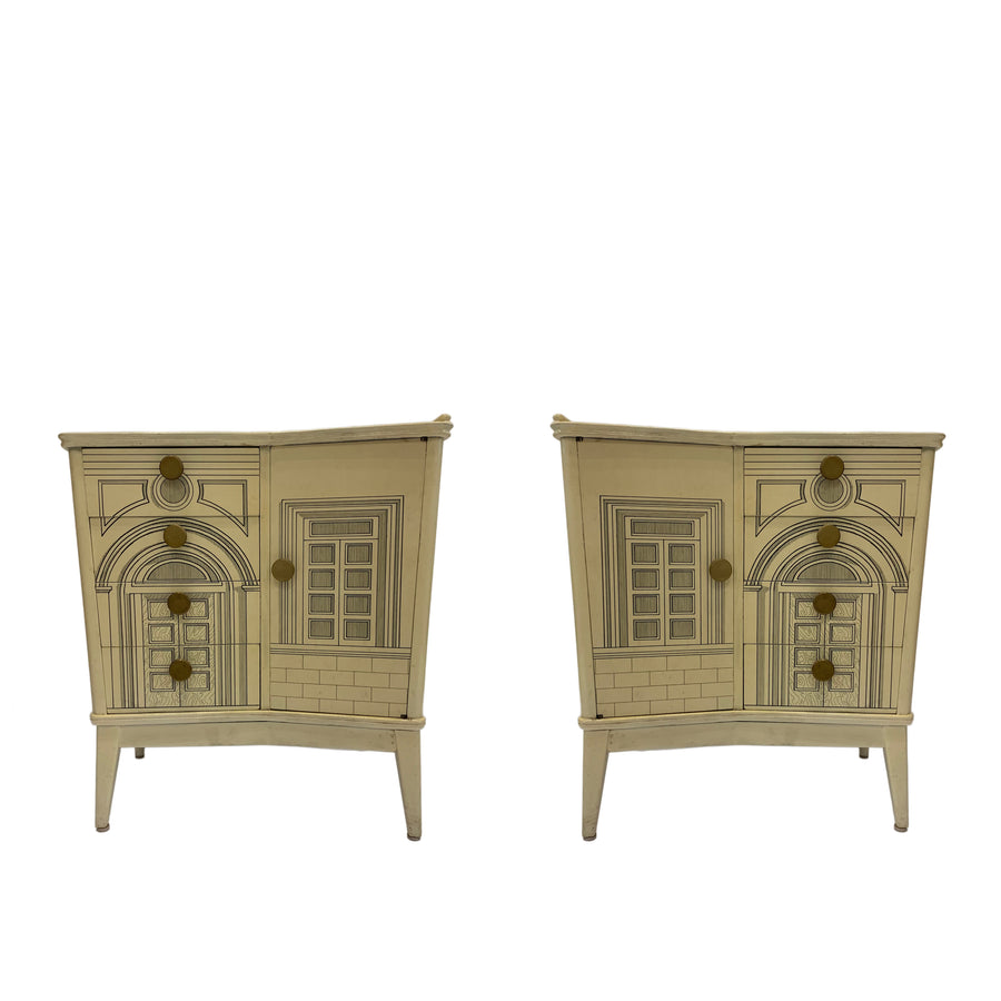 Pair Fornasetti Style Architectural Nightstands