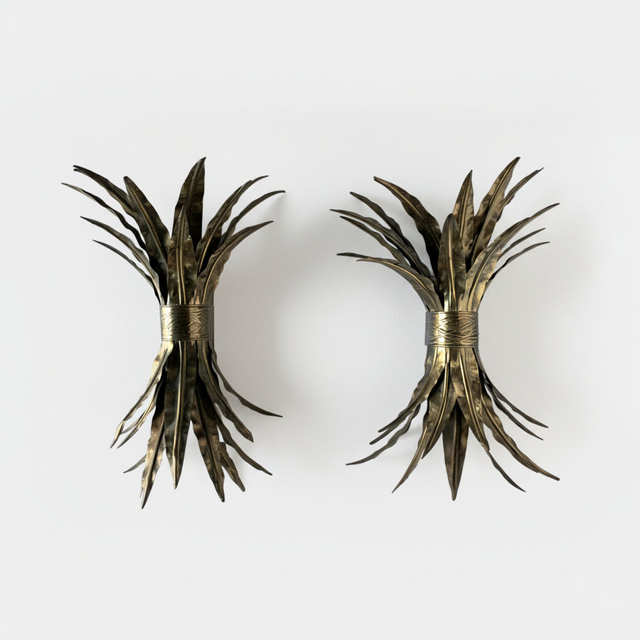 Pair Vintage French Brass Sheaf Sconces