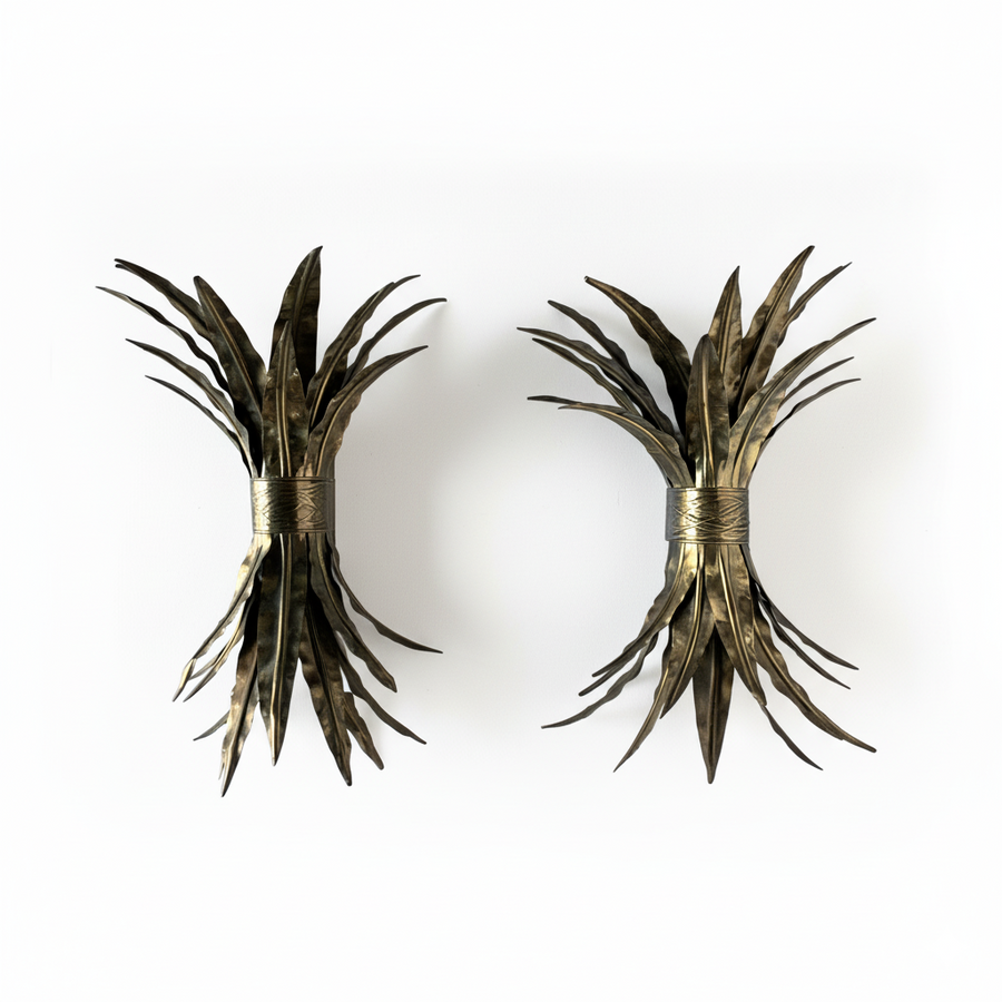 Pair Vintage French Brass Sheaf Sconces