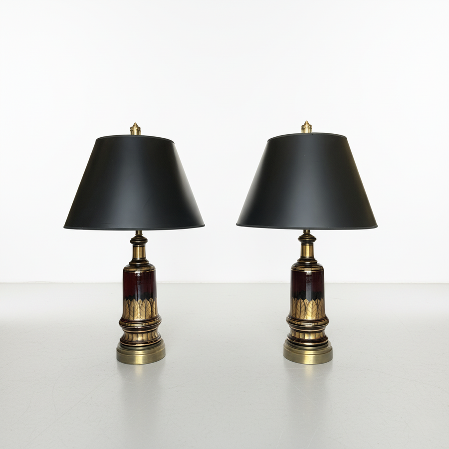 Pair Vintage Gilt Red Glass Lamps