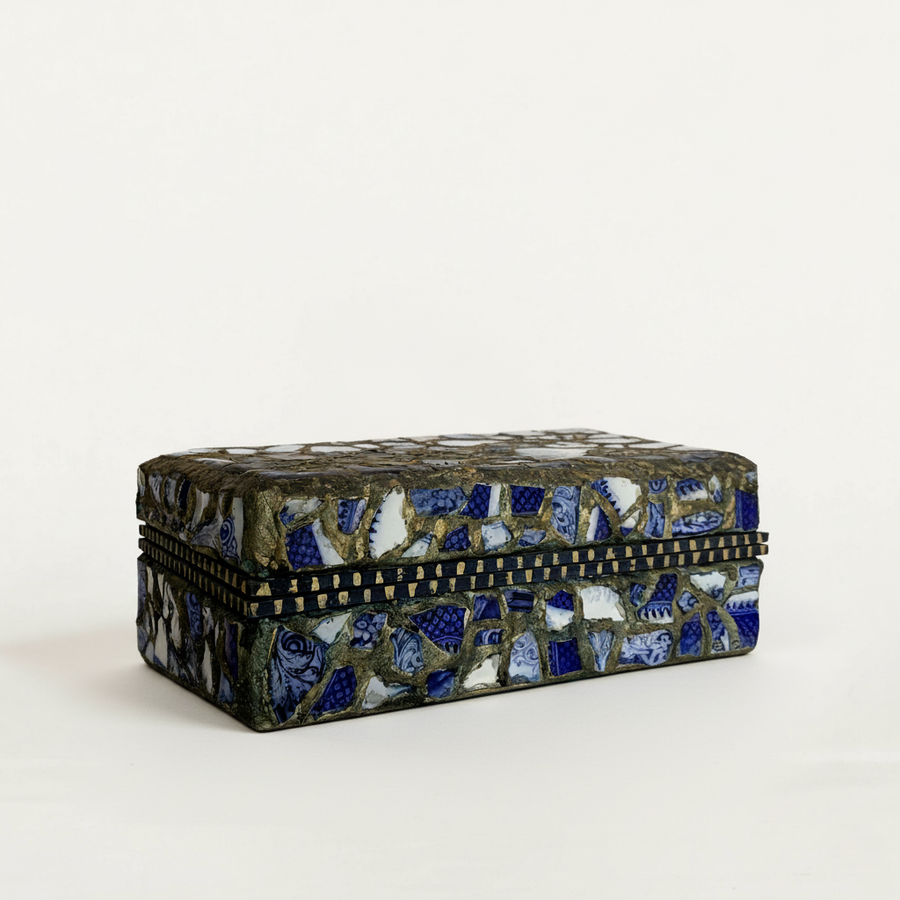 Robert Bean Wooden Box with Blue and White Pottery Mosaic