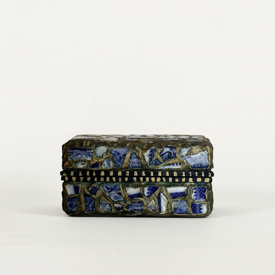 Robert Bean Wooden Box with Blue and White Pottery Mosaic