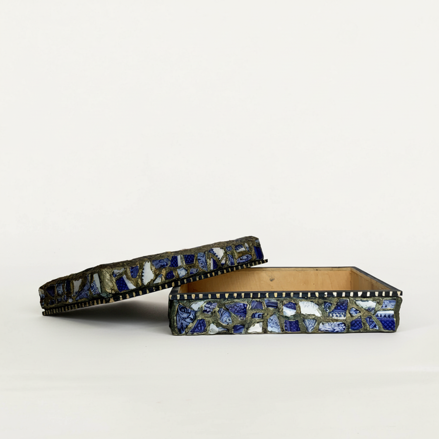 Robert Bean Wooden Box with Blue and White Pottery Mosaic