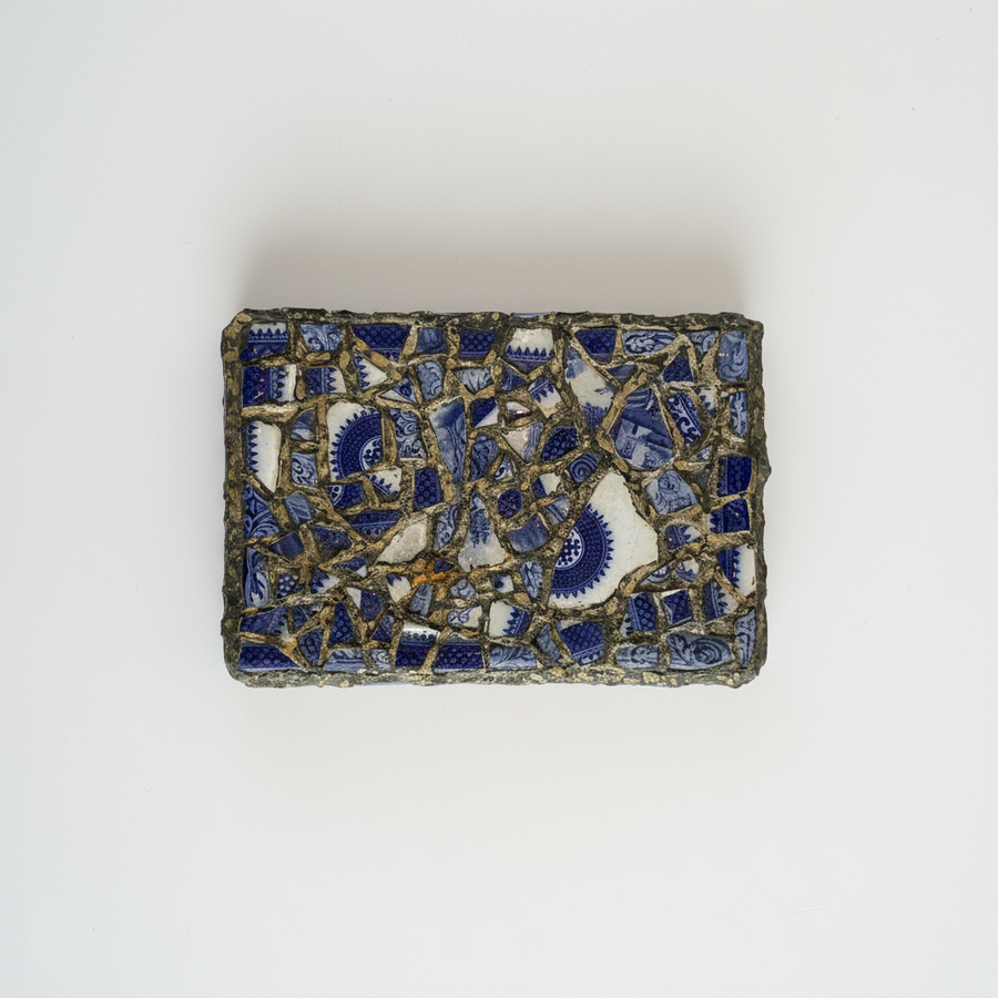Robert Bean Wooden Box with Blue and White Pottery Mosaic