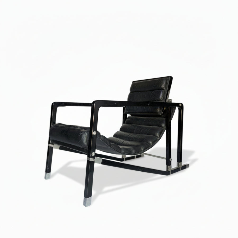 Pair Eileen Gray Ecart International Transat Black Leather Lounge Chairs