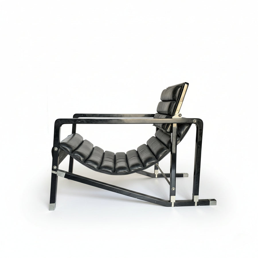 Pair Eileen Gray Ecart International Transat Black Leather Lounge Chairs