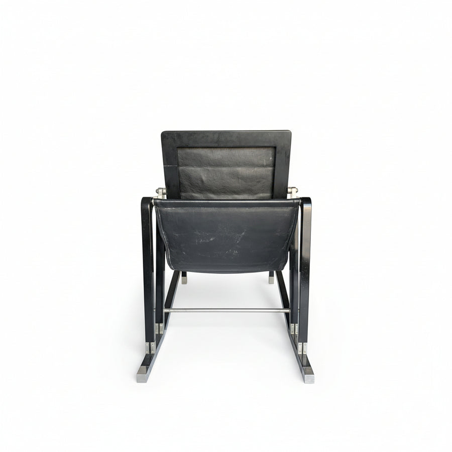 Pair Eileen Gray Ecart International Transat Black Leather Lounge Chairs