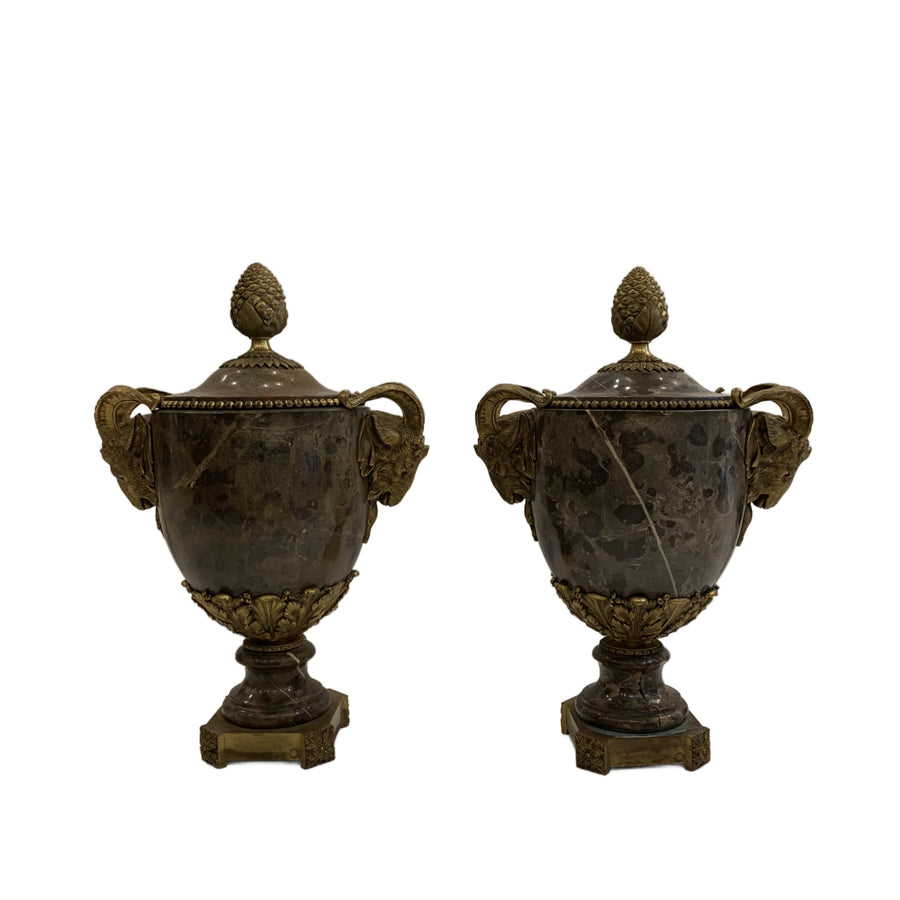 Pair 19th Century French Maison Mottheau Gilt Bronze Marble Urns