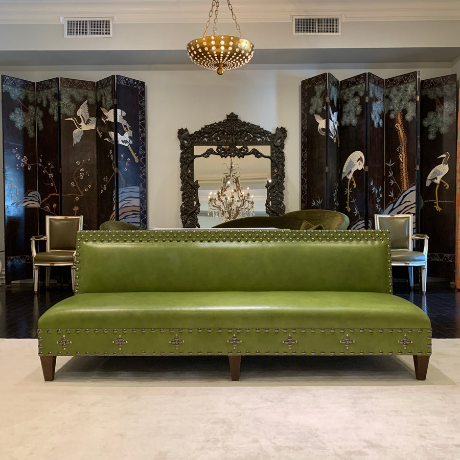 Green Leather Studded Banquette