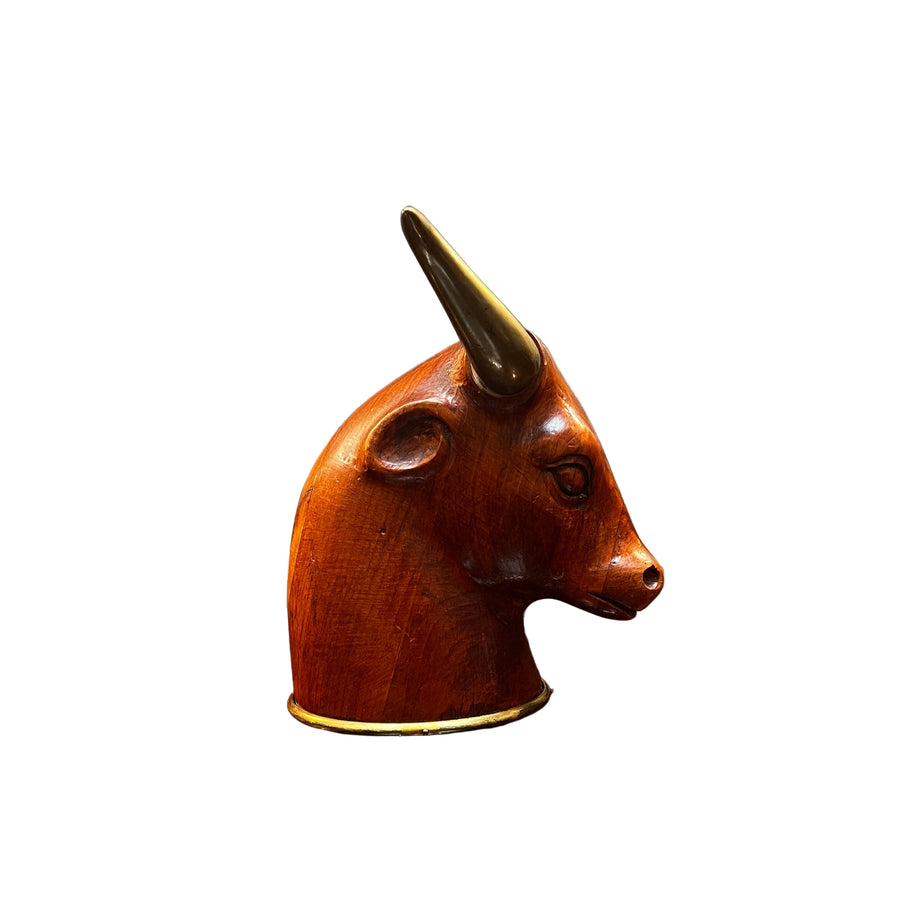 Mid Century Italian Carved Wood and Brass Bull Head