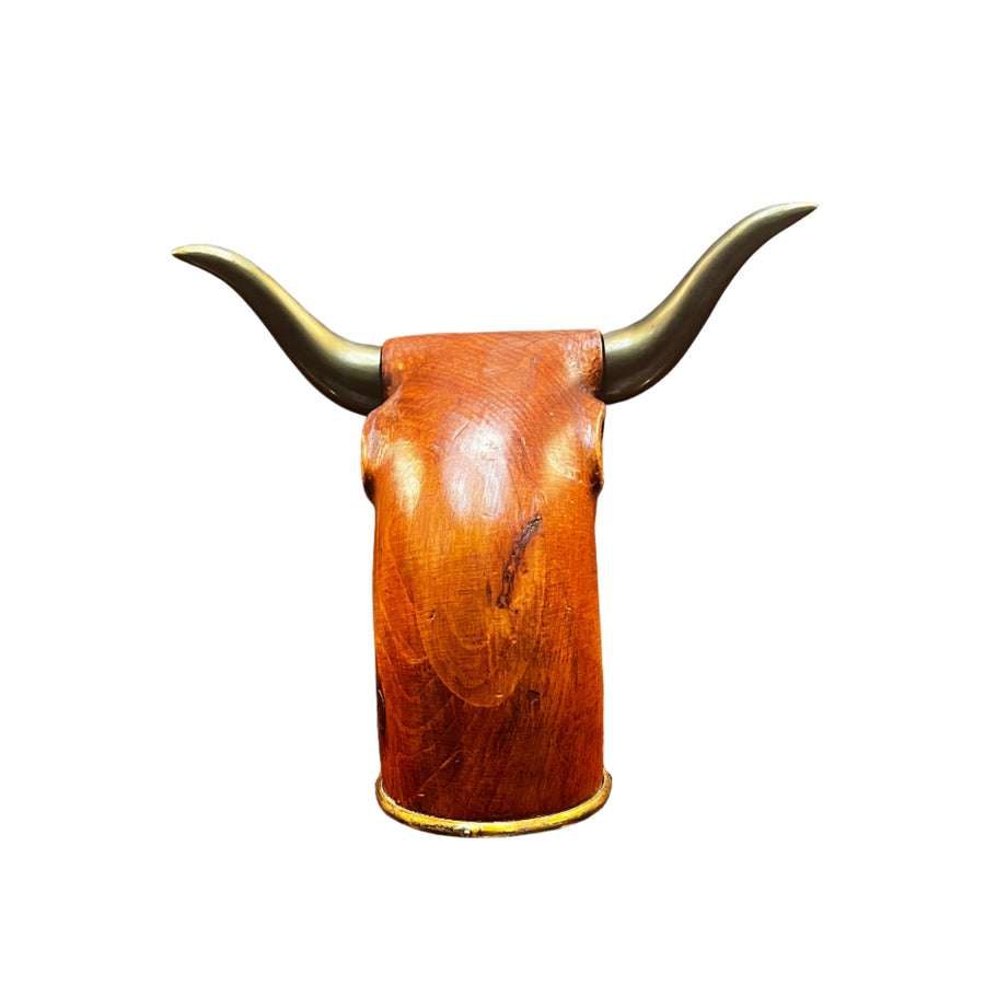 Mid Century Italian Carved Wood and Brass Bull Head