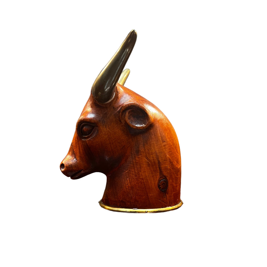 Mid Century Italian Carved Wood and Brass Bull Head