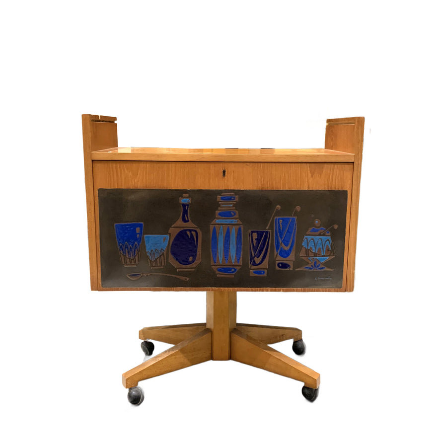 1960s Italian Modern Walnut and Ceramic Bar Cart