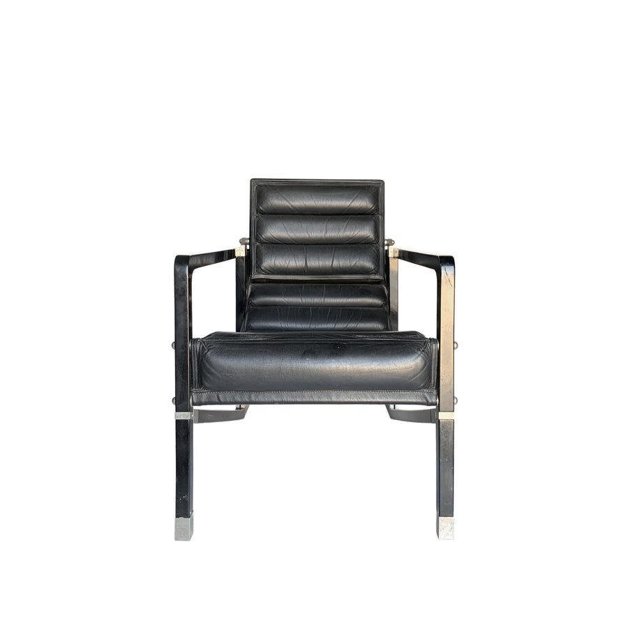 Pair Eileen Gray Ecart International Transat Black Leather Lounge Chairs