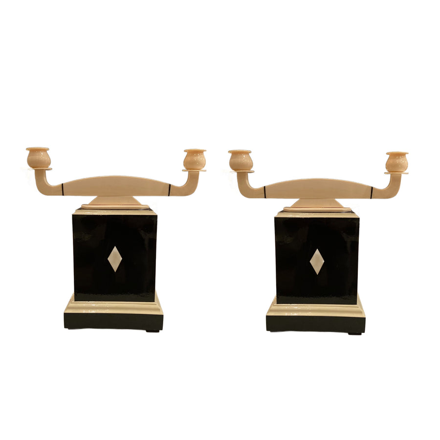 Pair Art Deco Ebony and Faux Ivory Candelabras